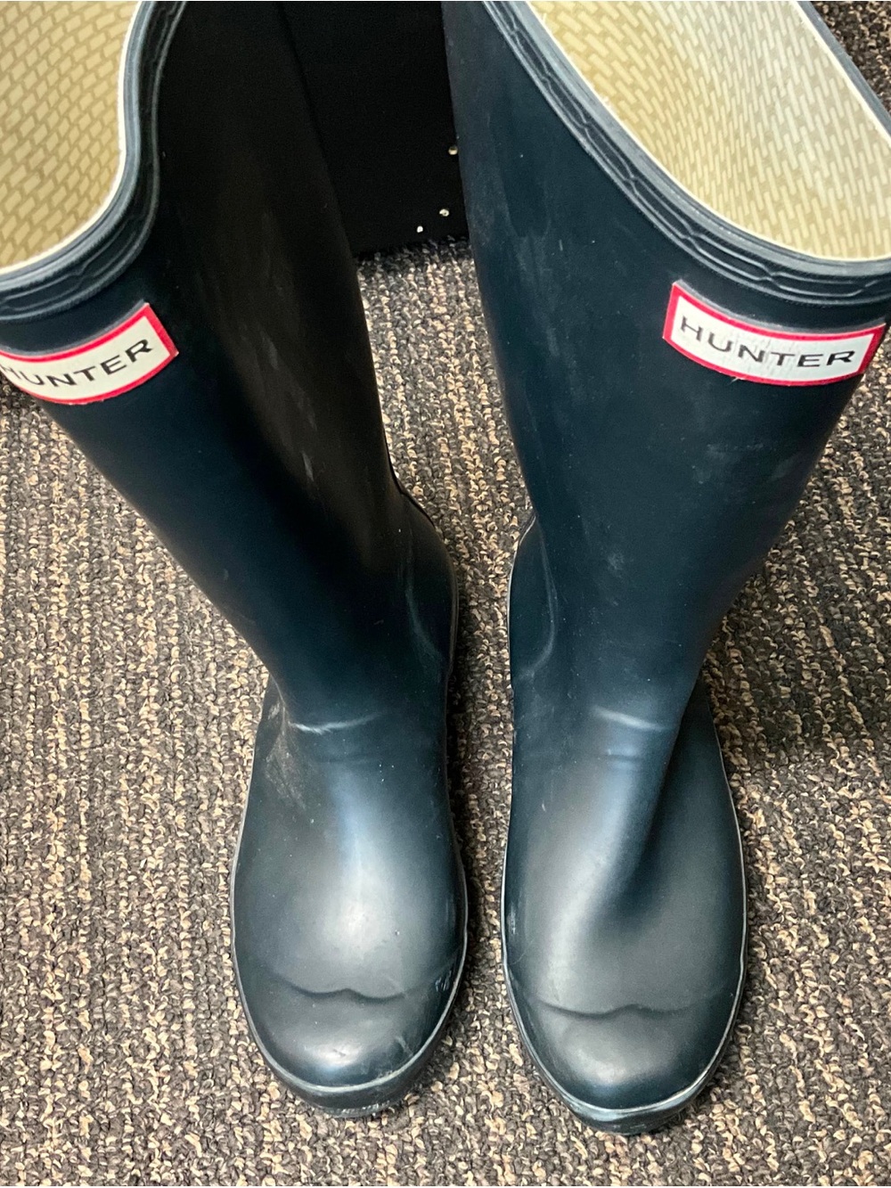 Hunter Navy Blue Tall Rain Boots with Signature Red Logo